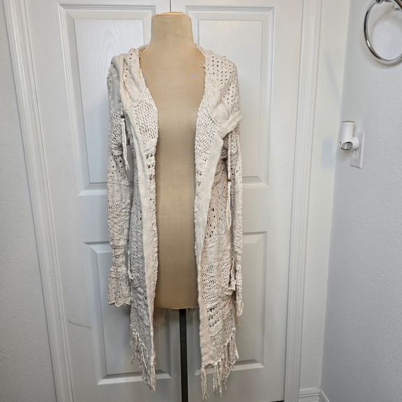 Sweaters - Cream Open Knit Hooded Cardigan Long Sleeve Fringe Trim cottagecore boho Y2K